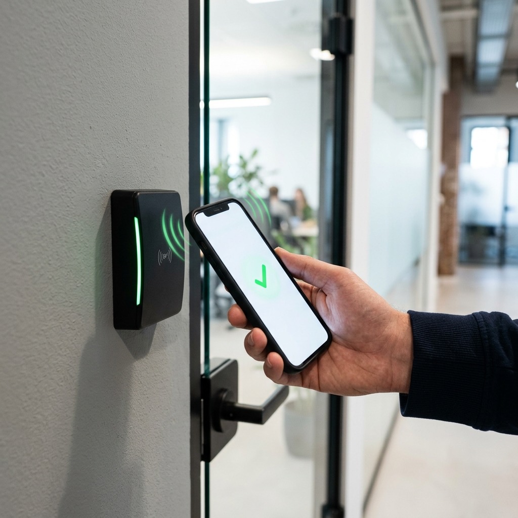 Smartphone unlocking a modern access control card reader at an office door