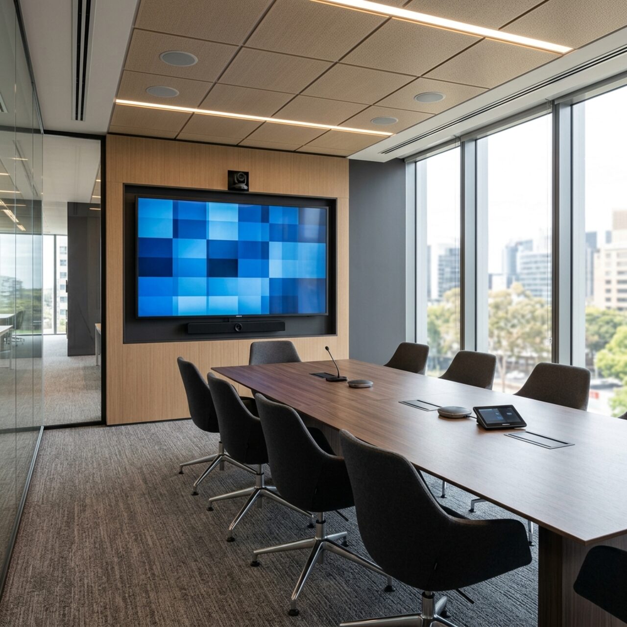 Board room with a large display and ceiling-mounted microphones installed by AIT in New Jersey