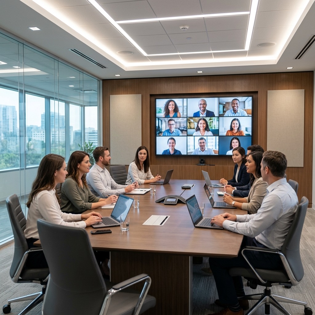 Corporate conference room with a wall-mounted video conferencing display