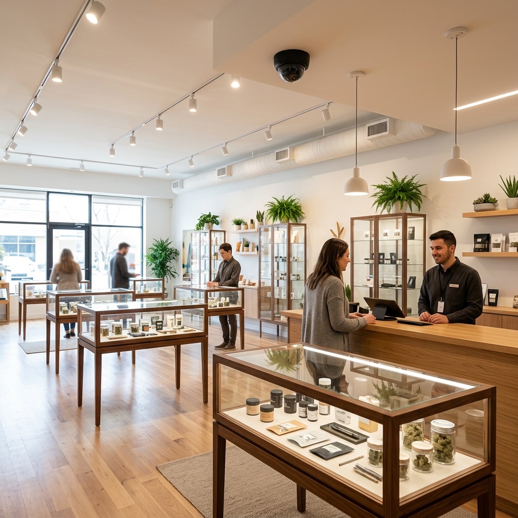 Clean modern cannabis dispensary interior with a ceiling security camera