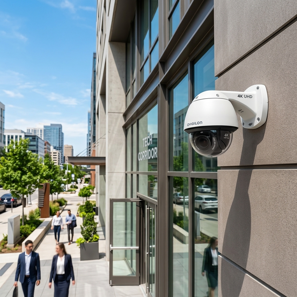 4K security camera mounted on a commercial building exterior in New Jersey