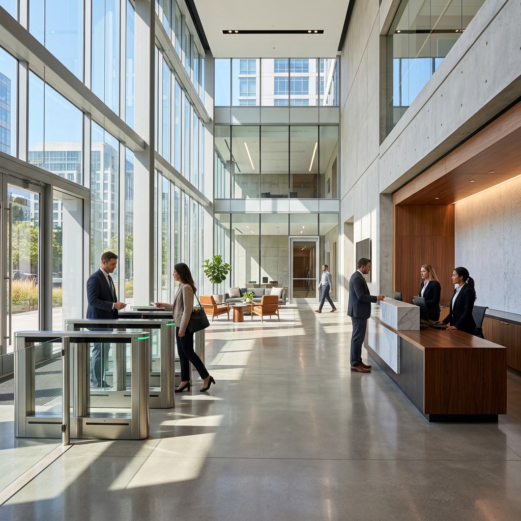 Modern corporate office lobby with reception and access-control turnstiles