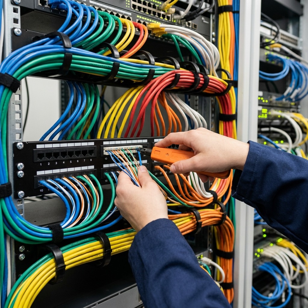 AIT technician terminating color-coded network cabling in a server rack