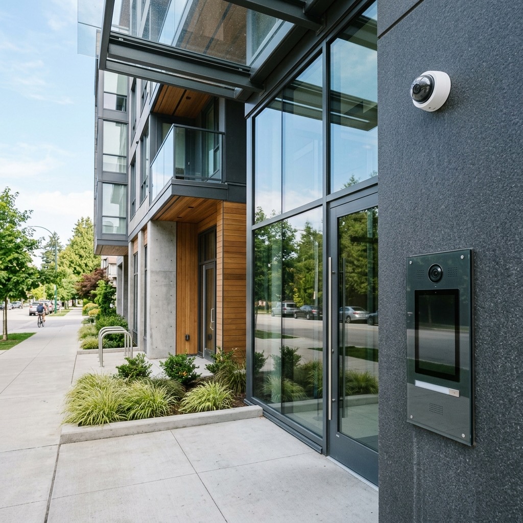 Modern apartment building entrance with a video intercom and security camera
