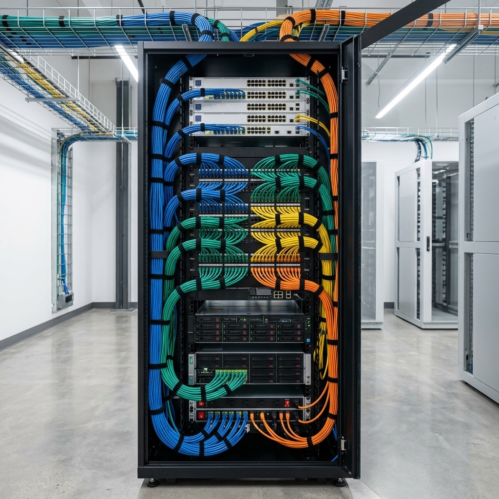 Server rack with organized network cabling in a commercial IT room