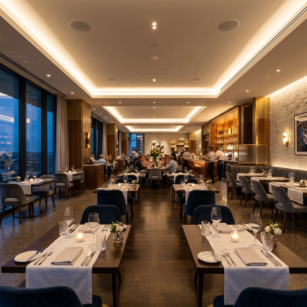 Upscale restaurant interior with in-ceiling speakers and background music