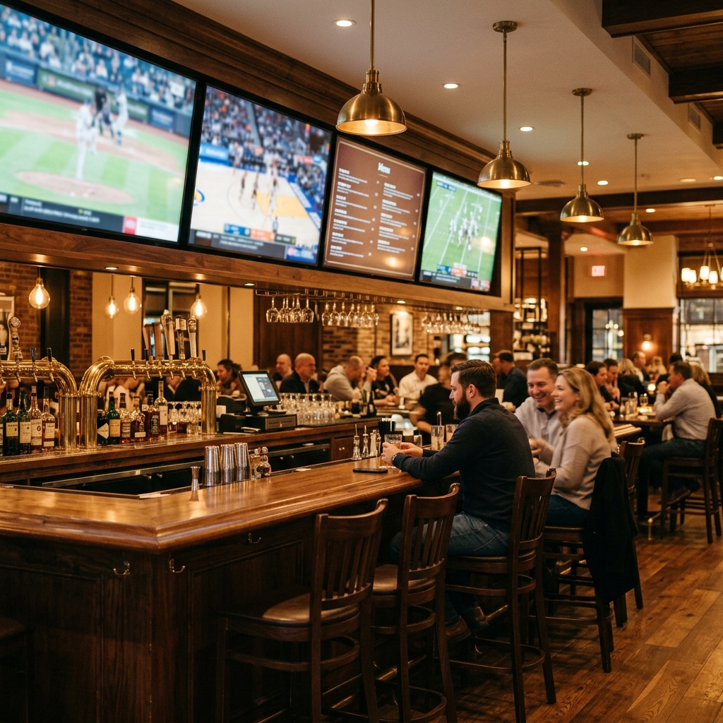 Row of mounted TVs above the bar in a New Jersey restaurant showing sports and a digital menu board