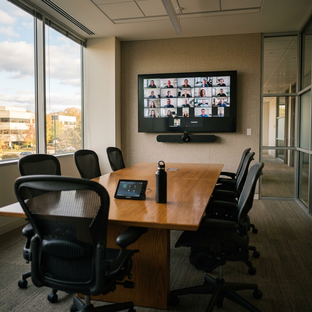 Conference room in a New Jersey office with a wall-mounted display showing a video call and a camera bar mounted below it